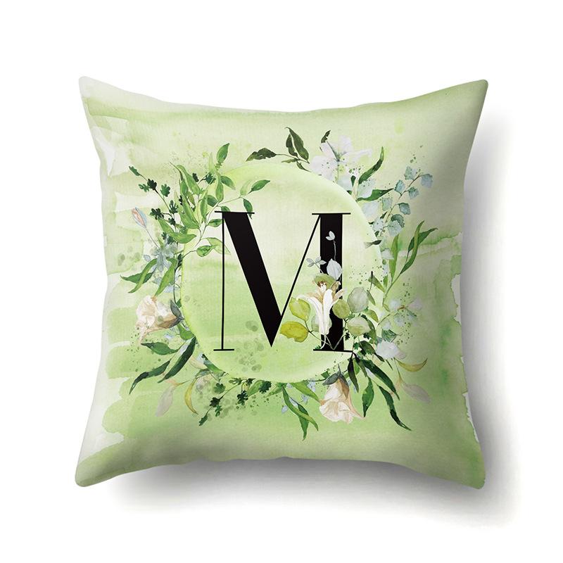 Polyester Pillowcase Car Decoration Small Fresh Green Leaves 26 English Letter Printing Pillow Cushion Cover