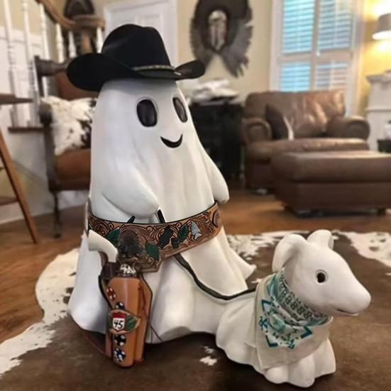 Halloween Cowboy Ghost Statue Cute Ghost Walking Dog Resin Crafts Tabletop Ornaments for Indoor Outdoor Halloween Decoration