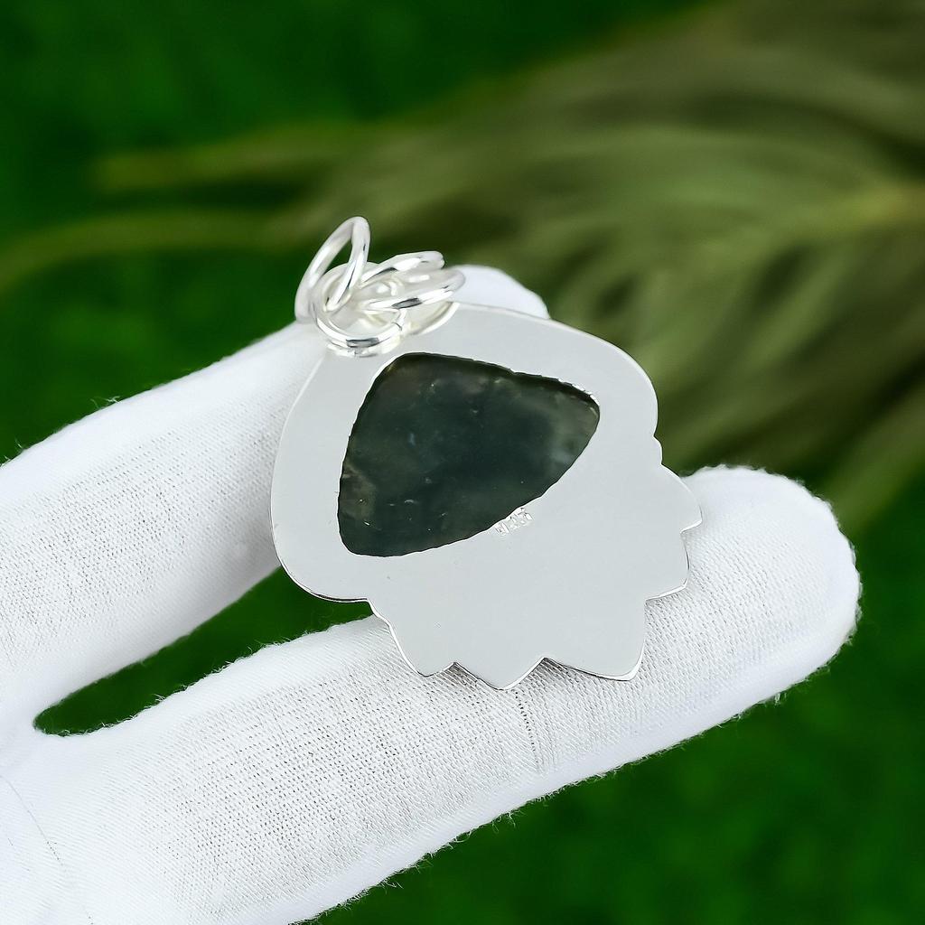 925 Silver Trillion Solar Moss Agate Gemstone Daughter Bezel New Pendant Jewelry