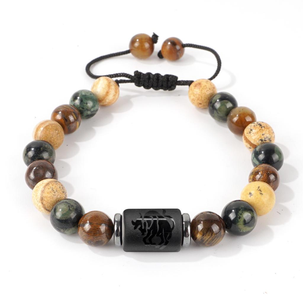 Vintage Zodiac Bracelet for Men 8mm Natural Black Onyx Tiger Eye Stone Star Sign Constellation Friendship Prayer Blessing Bracelet Gifts