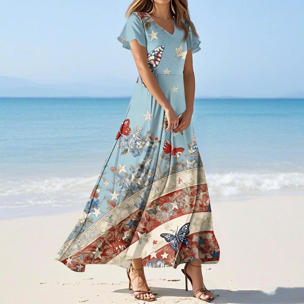 Dámské letní ležérní módní šaty s barevným potiskem Šaty s krátkým rukávem s výstřihem do V