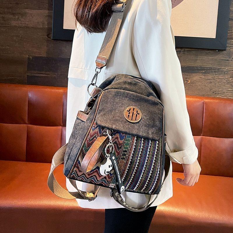 Dámský džínový etnicky vyšívaný batoh, kontrastní barevný batoh, crossbody taška