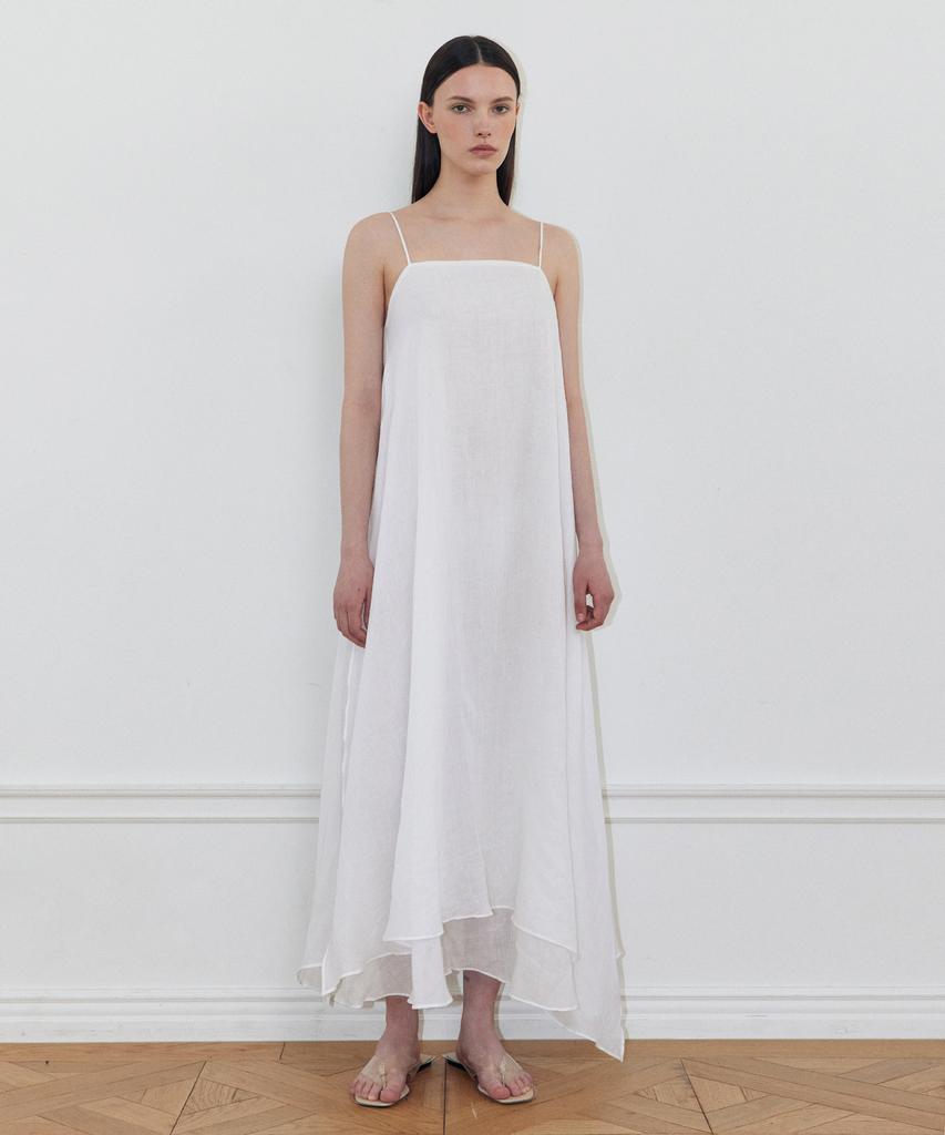 LADY VOLUME Ramie Linen Sleeveless Midi Dress (White)