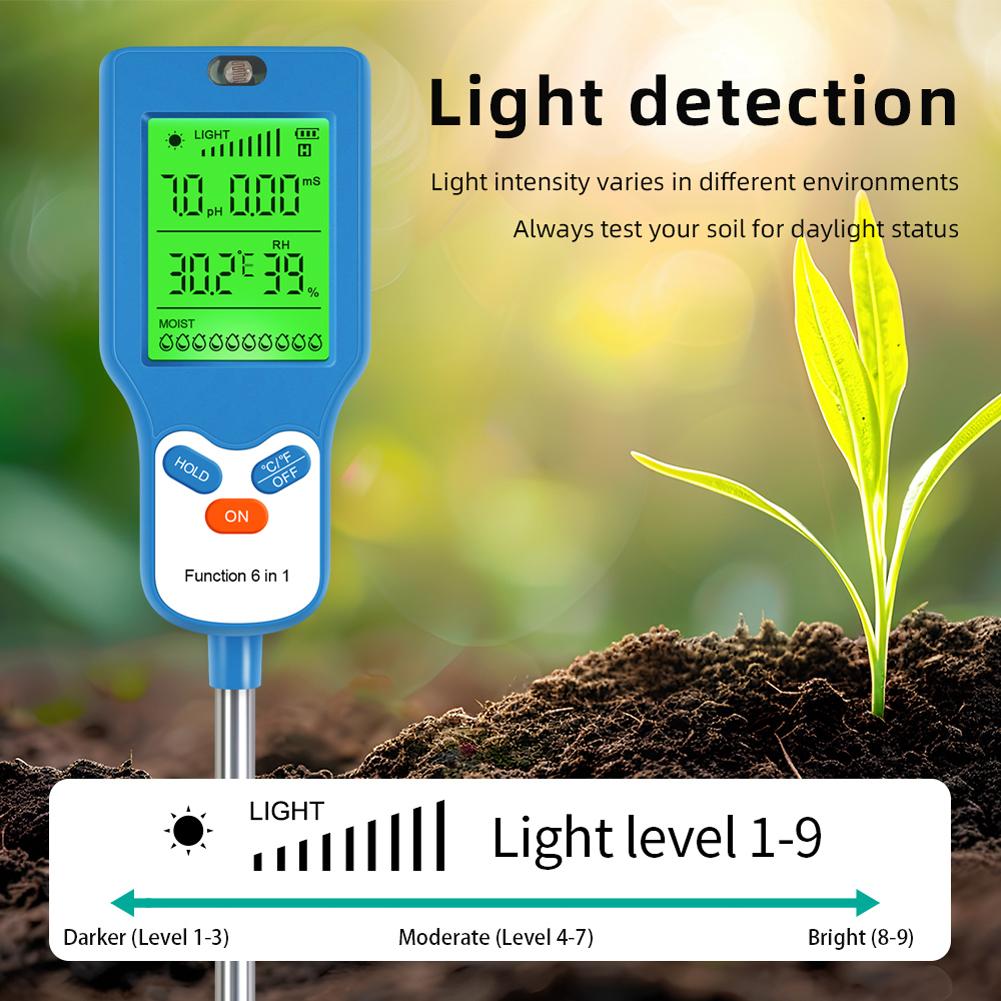6-in-1 Soil Test Meter PH Meter/Fertility/Temp/Moisture/Sunlight/Humidity Soil Detector for Gardening Farming and Outdoor Plants