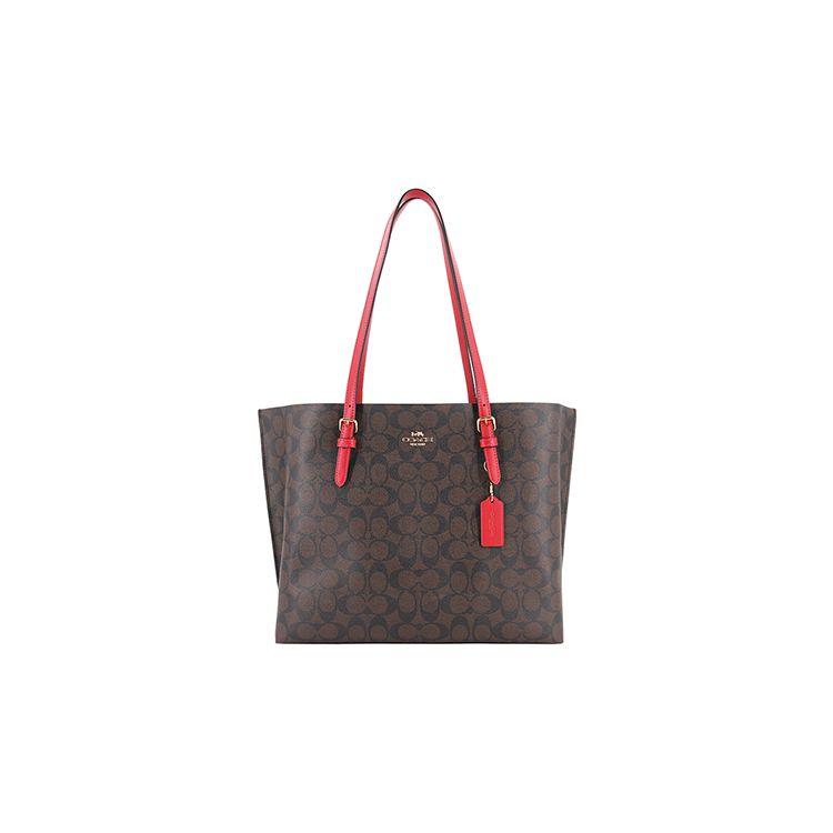 

Coach Brown Signature Canvas Large Tote Bag With Red Leather Trim & Gold Hardware For Daily Work & Travel Basic Set (Bag+Dust Bag)
