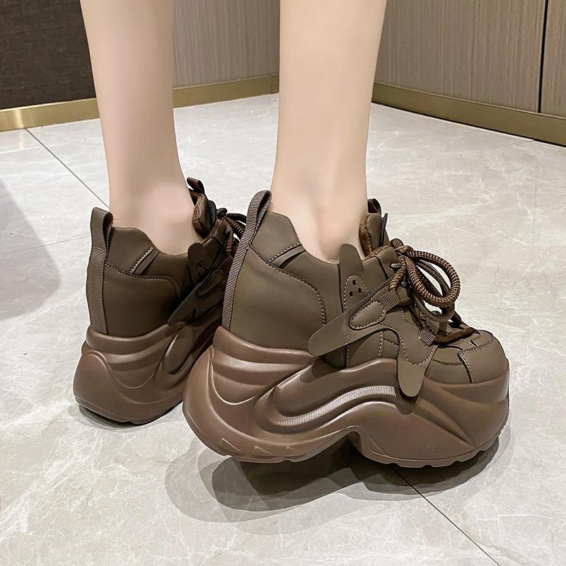 Fashion Autumn Winter Warm Chunky Sneakers Women Lace Up Platform Sports Shoes Woman Thick Bottom High Heels Female 10CM Wedges Sneakers