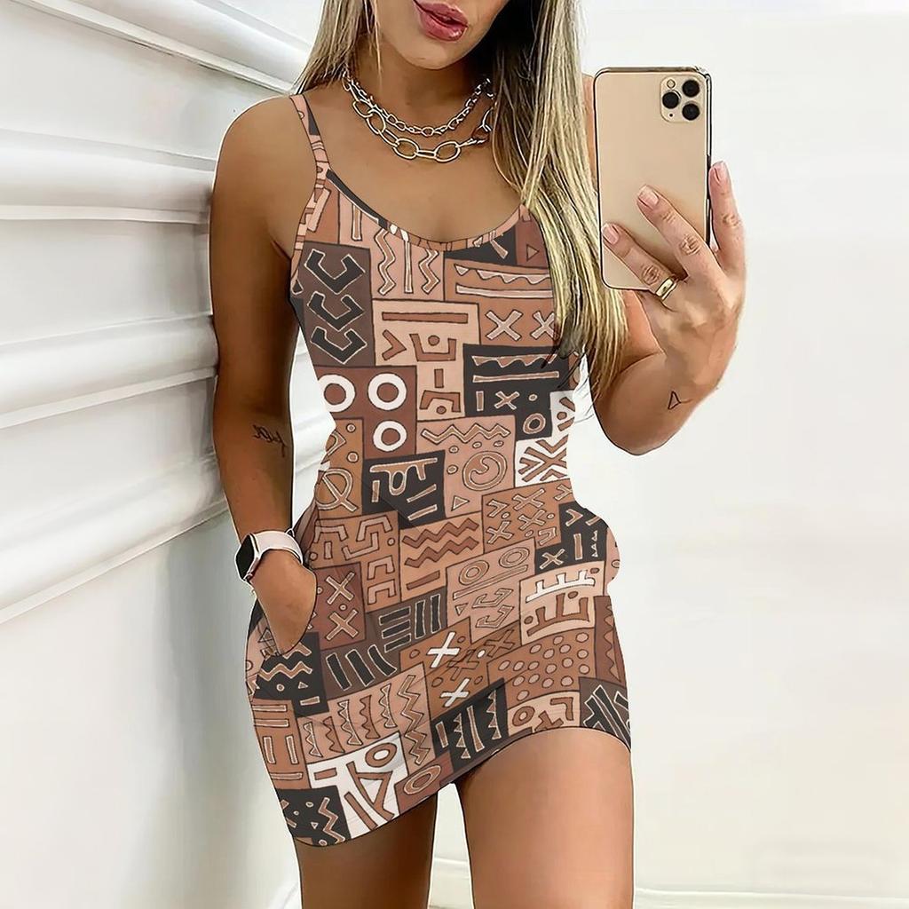 Vasaros Naujas Retro Geometriniai Raštai Spausdinta Berankovė Kūną Apimanti Suknelė Su Kišenėmis Seksuali Slim Fit Elegantiška Šventinė Suknelė
