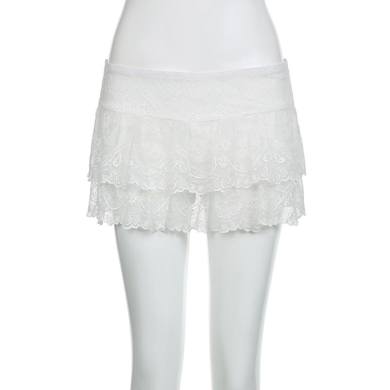2024 Summer Street Style Low-Waist Lace Patchwork A-Line Mini Skirt for Women