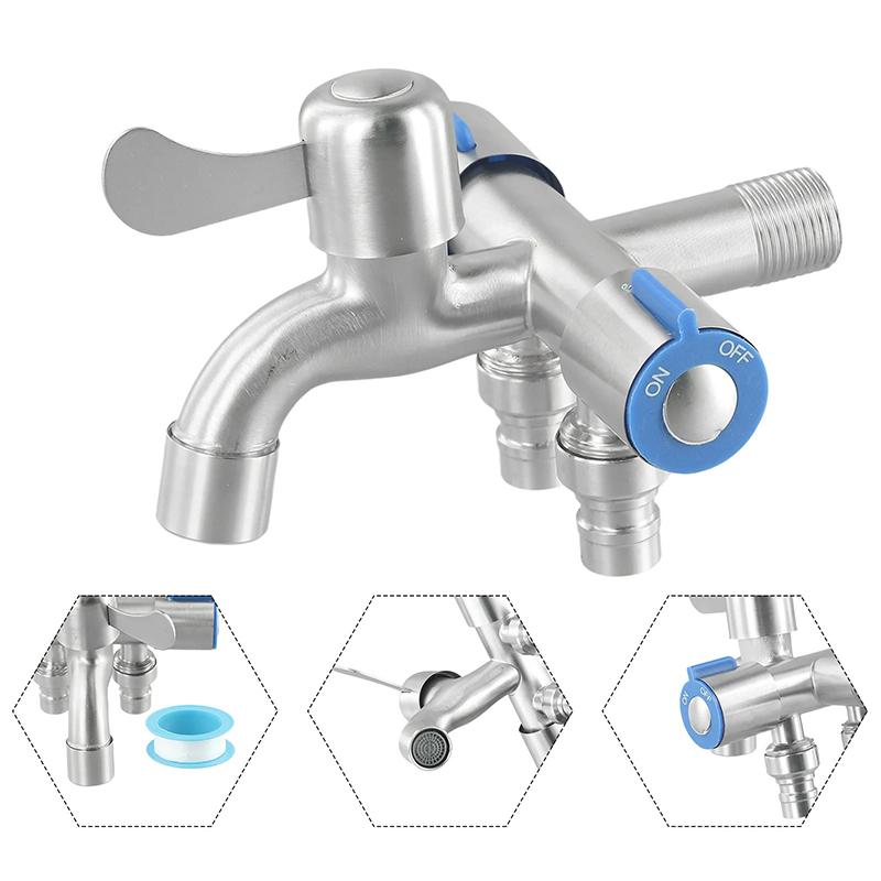 Stainless Steel Multi-Function Washing Machine Faucet 1 In 3 Out Diverter Valve Three-Way Control Home Kitchen Bathroom