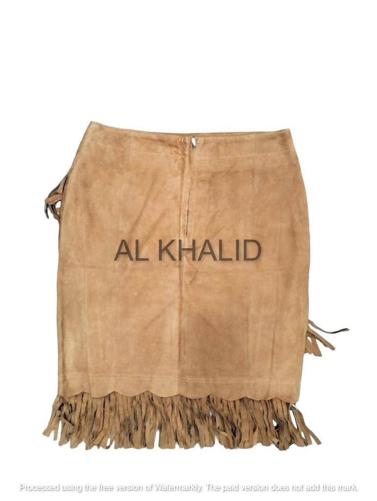 Dámská semišová sukně Tmavě béžová s třásněmi Střední délka Ručně vyrobená z pravé jehněčí kůže Ležérní Stylová Párty