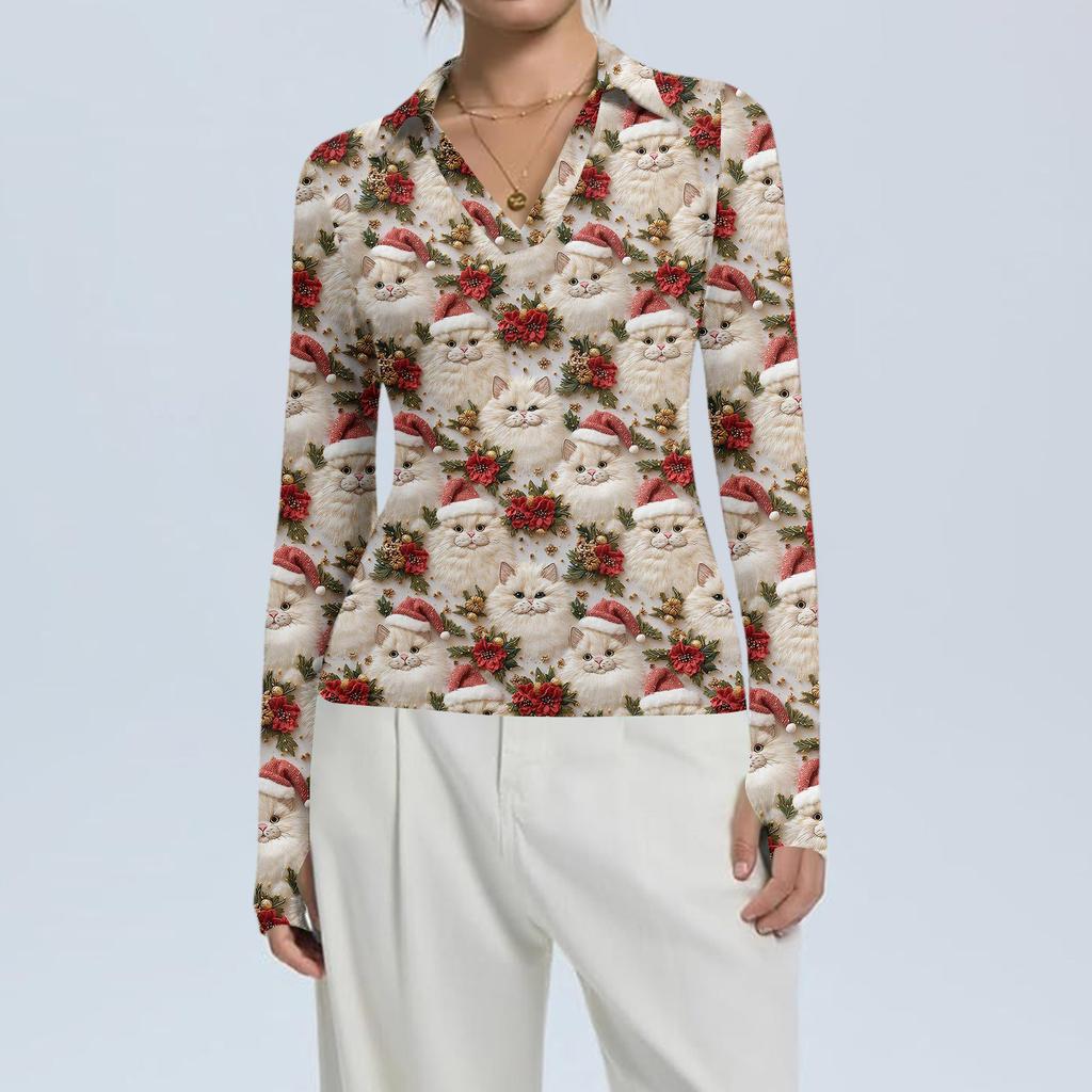 Damenmode Lässig Weihnachts-Print V-Ausschnitt Langarm Knopfleiste Oberteil