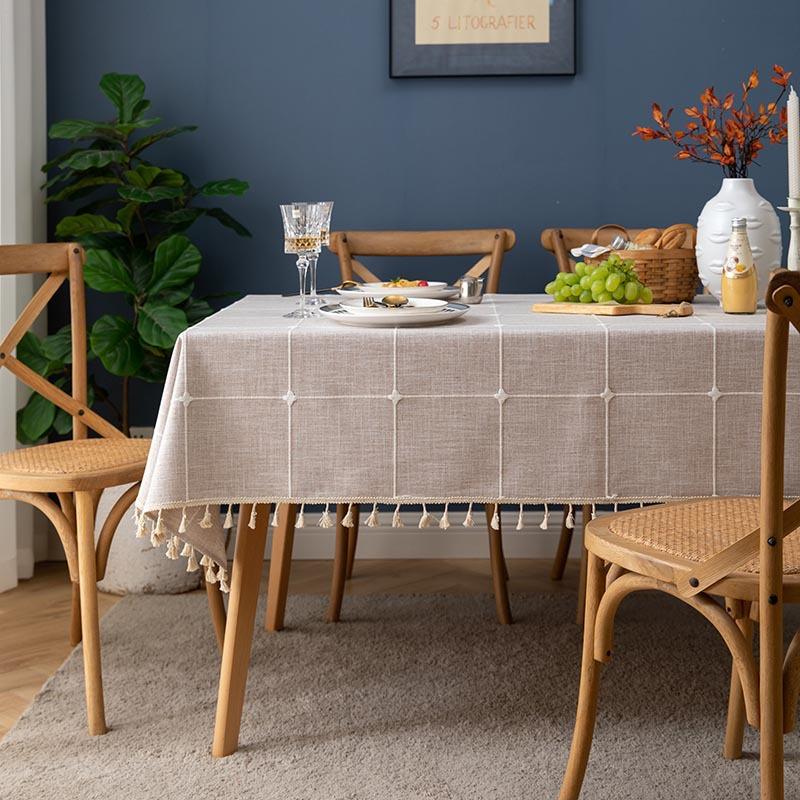 Linen Cotton Embroidery Lattice Tablecloth,Rectangular Dustproof Tassels Table Cover,for Kitchen Dinning Coffee Table Decoration