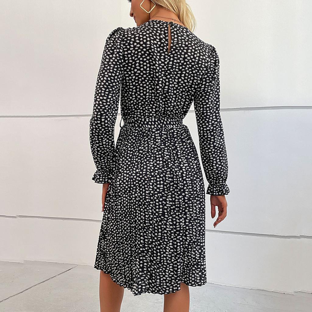 Women's Fashion Leisure Temperament  And Winter Long Sleeve Lace Print Base Dress