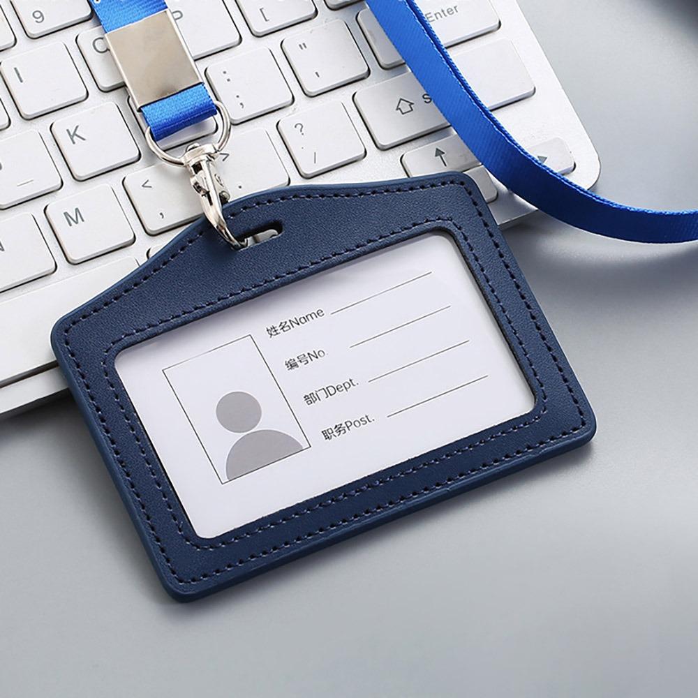 

High Quality Genuine Leather Work Card Holder With Neck Lanyard Solid Color ID Badge Holders Chest Cards Cases