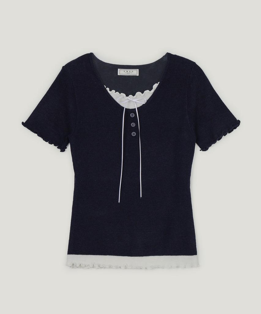 Teuwi Bet Ribbon Color Block Layered Short Sleeve Knit