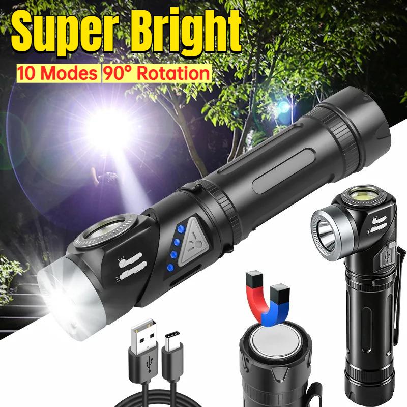 Rechargeable LED EDC Flashlight with 90° Rotate Head Pocket Torch Magnetic Base for Camping, Working, Outdoor, Hiking, Emergency