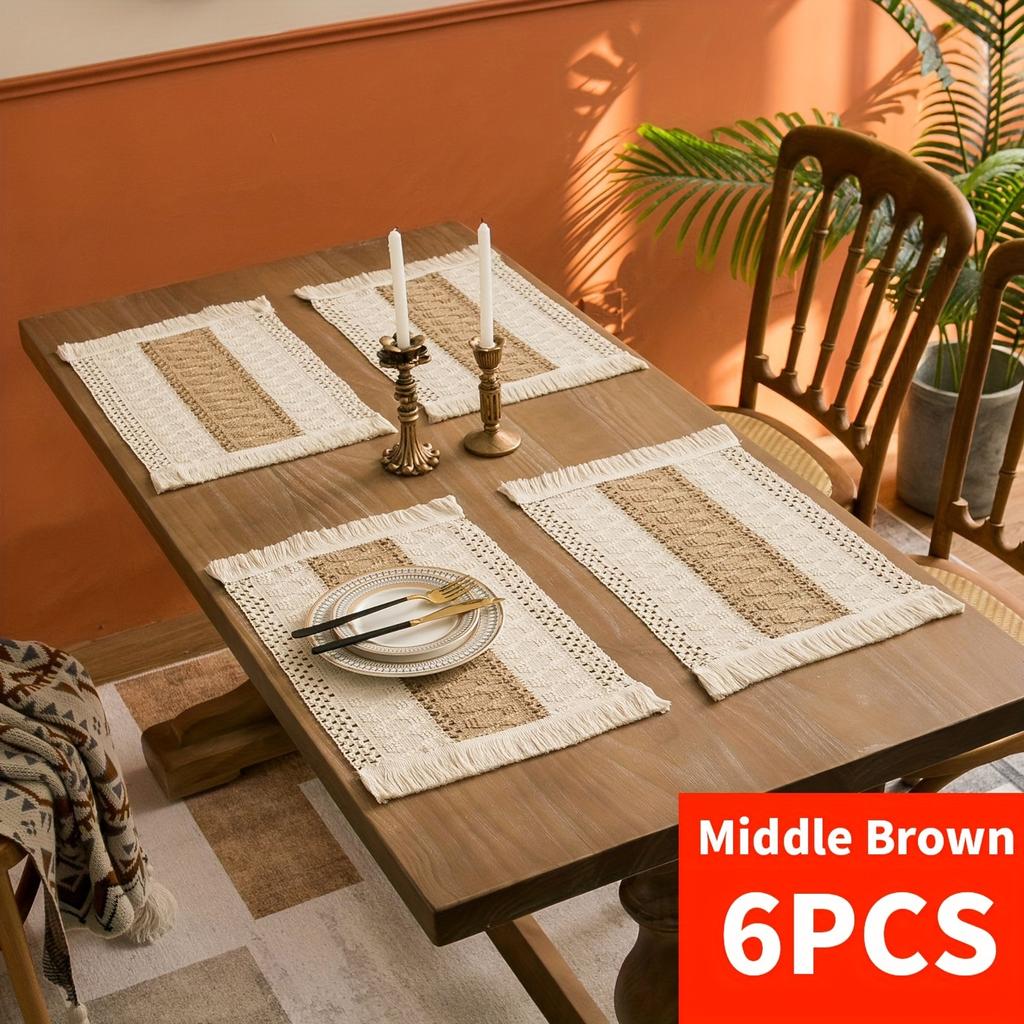 Boho Hand-Woven Cotton Placemats Set Rustic Table Mats Tassels Reusable Heat-Resistant Placemats Dining Table Party Decor