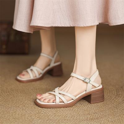 Moda Sandalias de Verano Nuevas Sandalias de Cuero Dividido para Mujer Moda Punta Cuadrada Sandalias de Tacón Alto Zapatos de Mujer Sandalias Gladiador para Mujer
