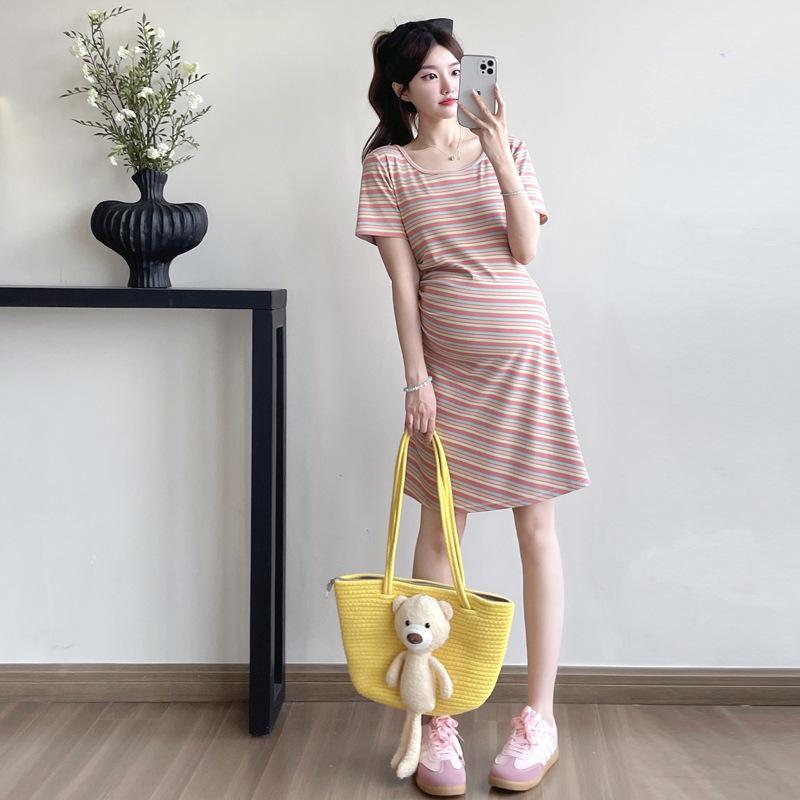 2025 Summer Maternity Striped Knit Dress - Short Sleeve & Slimming Large