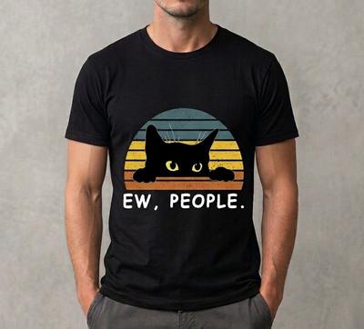 Ew Leute Shirt - Lustiges Schwarzes Katze Grafik-T-Shirt - Retro Sonnenuntergang Introvertiert Geschenk