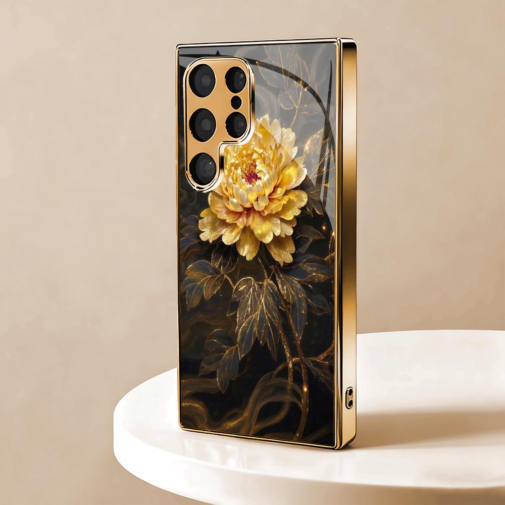 Black gold floral design electroplated glass phone case suitable for Samsung GalaxyS26 S25 S24 S22 S21S20FE/Ultra/Plus anti drop