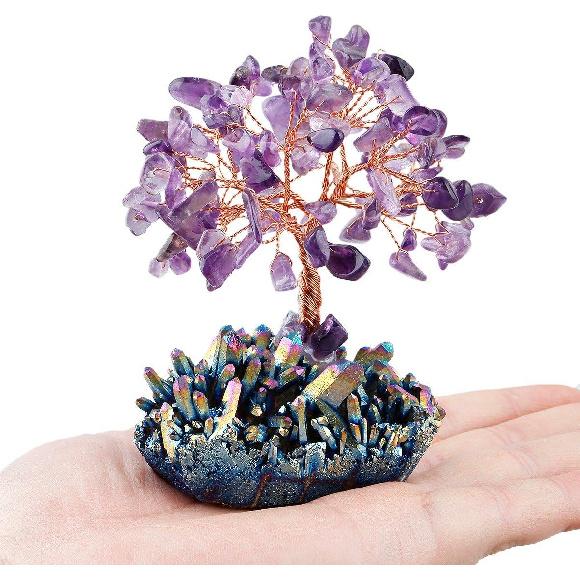 mookaitedecor Amethyst Crystal Tree, Quartz Cluster Rainbow Titanium Crystals Base Bonsai Money Tree for Wealth and Luck