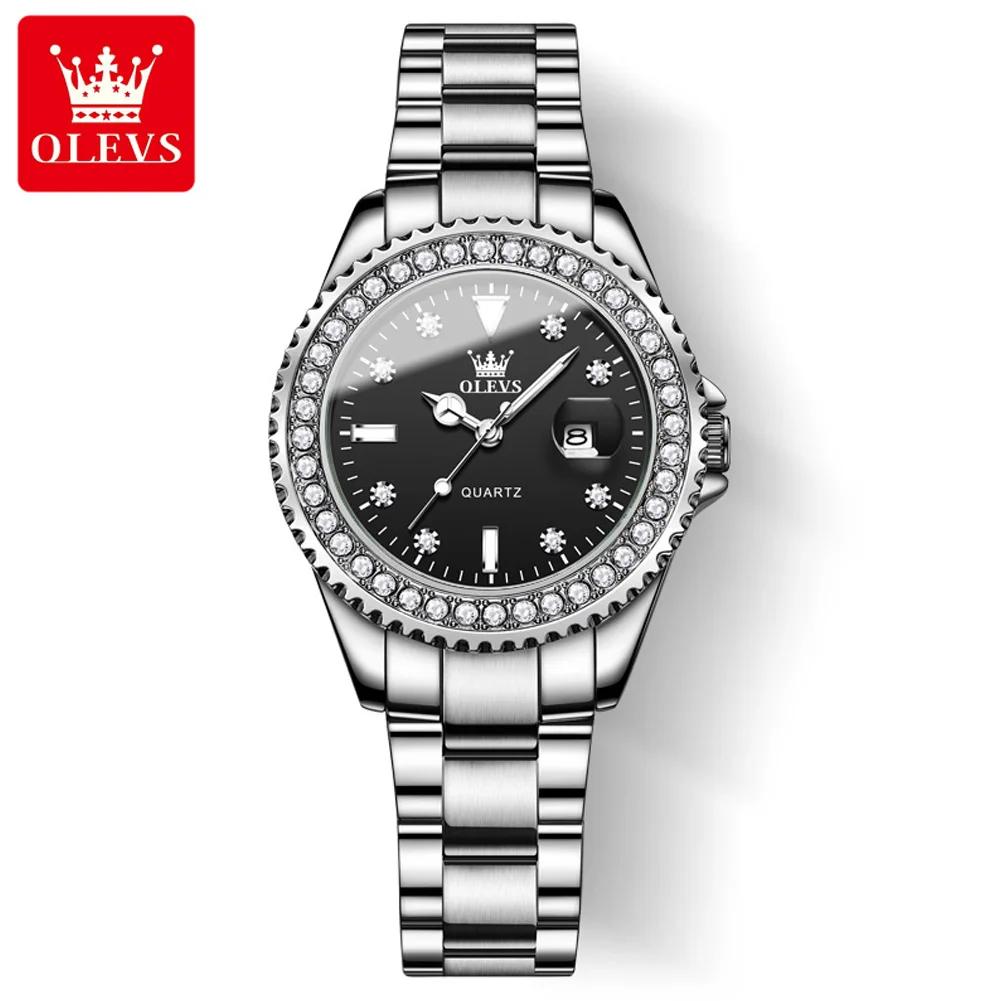 OLEVS Kvartsklokke for kvinner Diamond Dial Luxury Rustfritt stål Vanntett Elegant Dame Mote Topp Merke Dameklokke