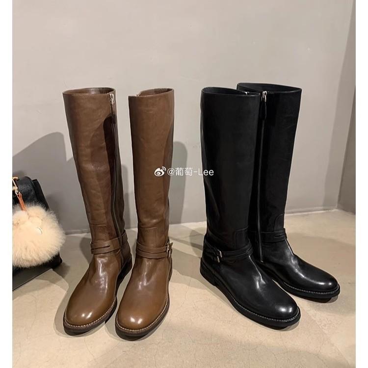 New spot grape mother of the same style, vegetable tanned cowhide~ double buckle with round head but knee side zipper thick heel knight boots