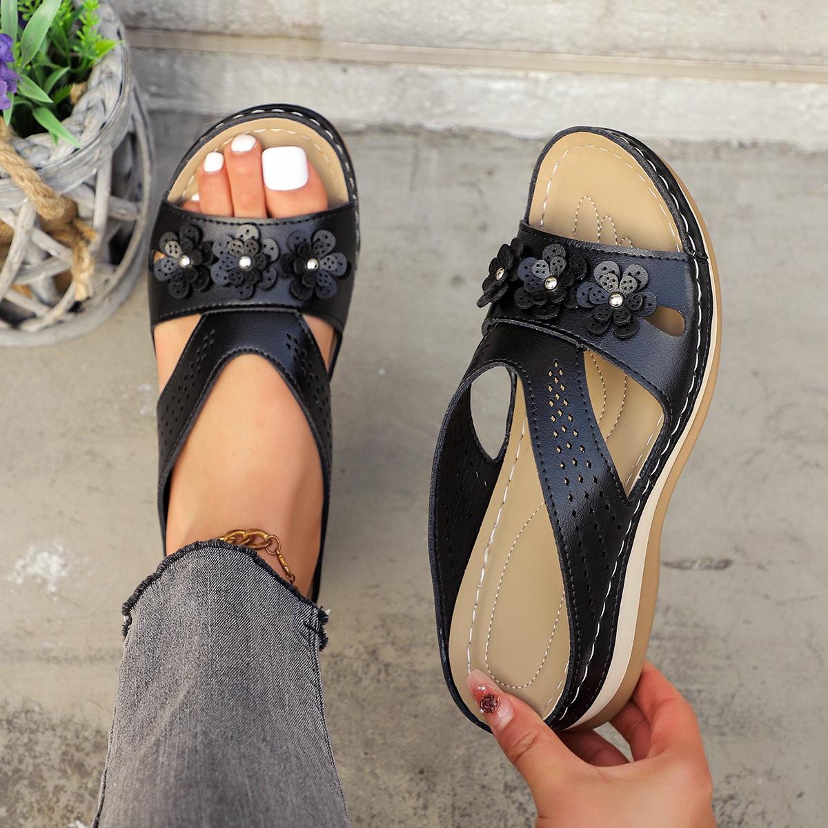 

Fashion Flower Decor Solid Wedge Slippers Women Summer Plus Size Comfort Lightweight Platform Slippers Woman Bathroom Beach Shoes Mujer 43 чёрный