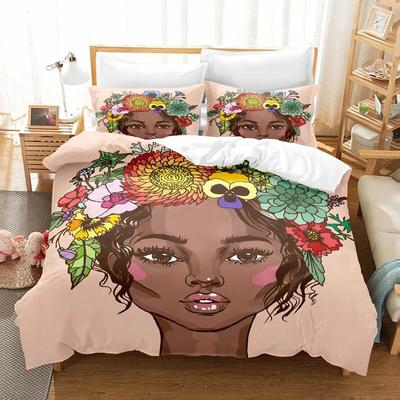 Afrikanisches Bettbezug-Set King Queen Größe Modern Stilvoll Schwarze Frau mit Girlande Dekorative Polyester-Bettwäsche für Mädchen Frauen