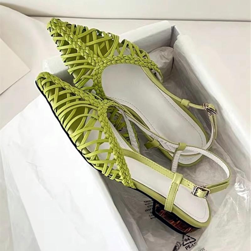 Fashion Elegant Green Openwork Woven Women Pumps Sexy Pointed Toe Square Heel Flat Sandals for Women Summer Fashion Comfort Beach Shoes