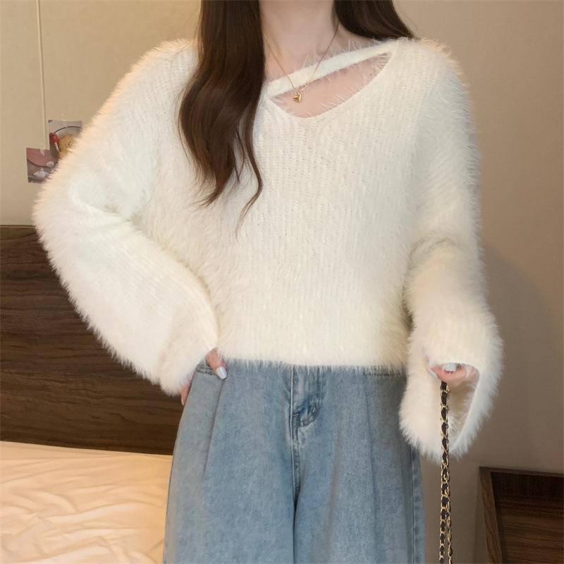 GMXIA Мягкий свитер из искусственной норки, осень и зима, новый свободный свитер с V-образным вырезом от Design Sense, короткий вязаный свитер One size белый