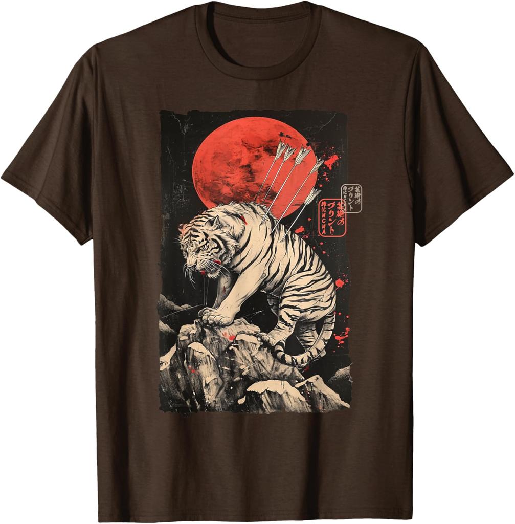 Wounded Tiger with Arrows Japanese Art Graphic Tee Mens Casual Round Neck TShirt Breathable Print