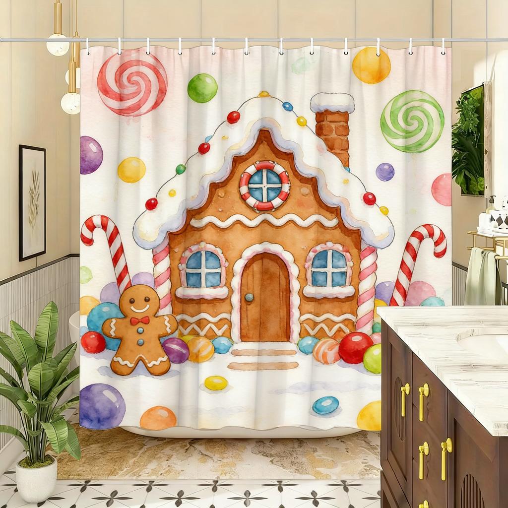 Whimsical Candy House & Gnomes with Lollipops Waterproof Shower Curtain for Bathroom Decor