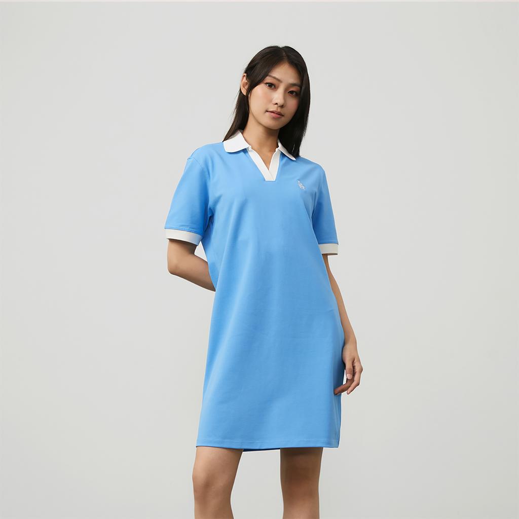 New MLB Base Logo Short Sleeved Dresses Women's Blue 3FOPB0343-07BLL