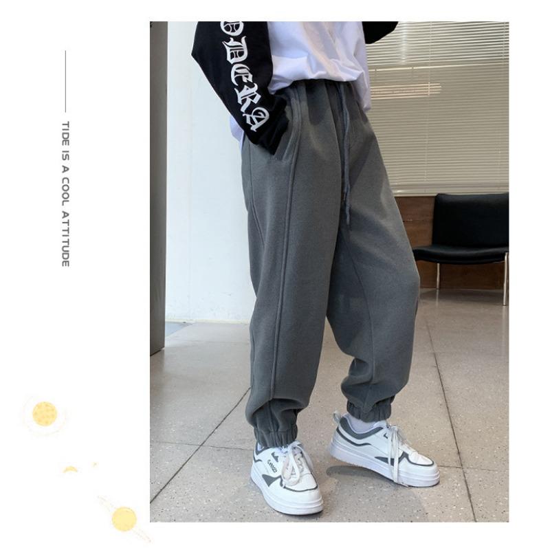 Boys Fleece Lined Solid Color Casual Sports Long Pants For Autumn Winter