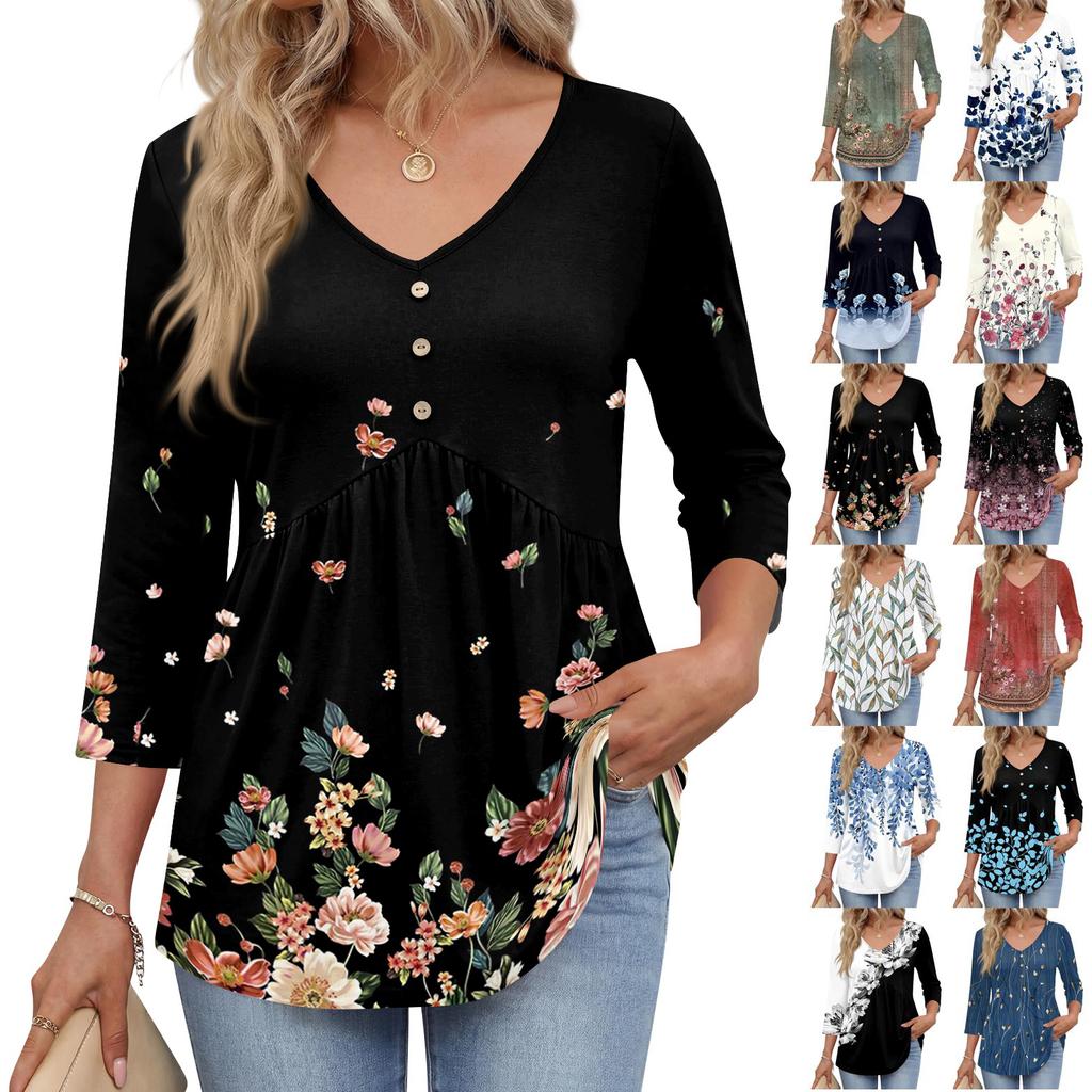 Women 3/4 Sleeve V Neck Button Detail Floral Print Tunic Top Casual Lightweight Blouse for Everyday Wear