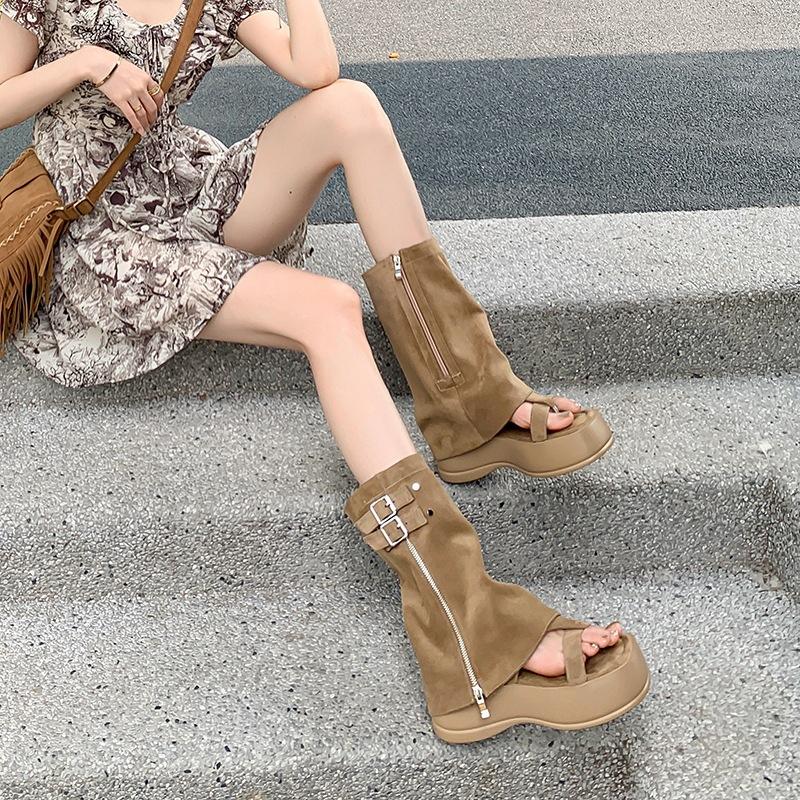 Fashion Women's Fad Platform Trousers Cool Boots Women's Herringbone Toe Roman Sandals Causal Short Open-toed Cool Boots Sandalias Mujer