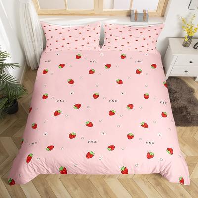 Erdbeerrosa Bettbezug Niedlicher Fruchtprint Bettwäsche Dreiteiliges Set Mädchenzimmer Dekoration