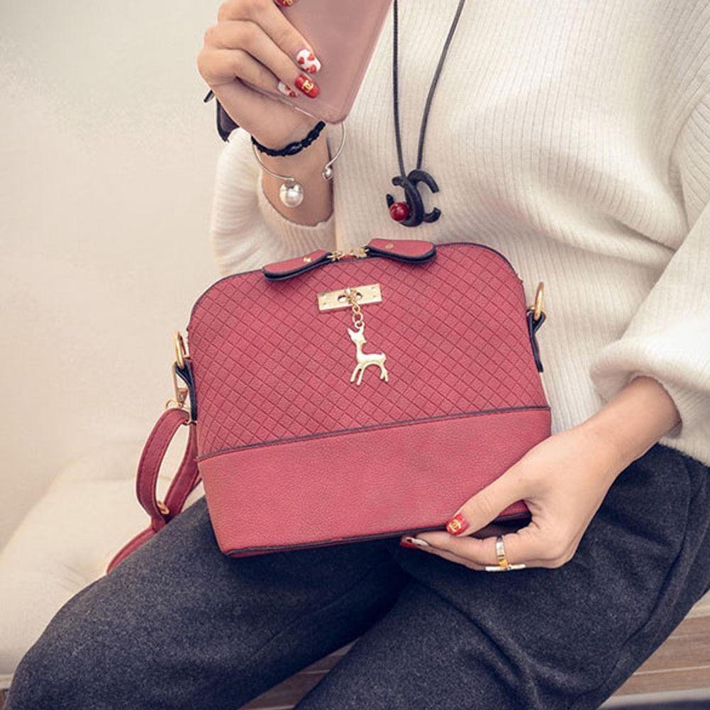 Elegant Square Grid Deer Pendant Shoulder Bag Messenger Tote Women With Premium Pu Leather