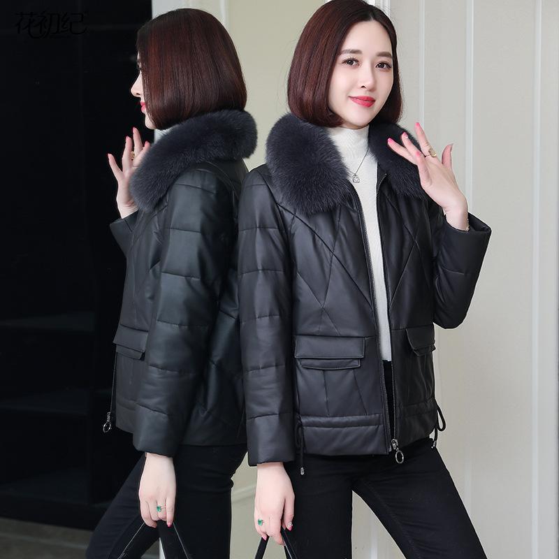 

Новая кожаная куртка с воротником из меха лисы, небольшая утолщенная овчина, кожаный пуховик, женская меховая короткая зимняя куртка 3XL