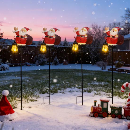 Solar Christmas Lawn Light Outdoor Lighted Santa Claus Garden Stake Metal Snowman Sign with Solar Lantern Waterproof Xmas Decor for Front Yard