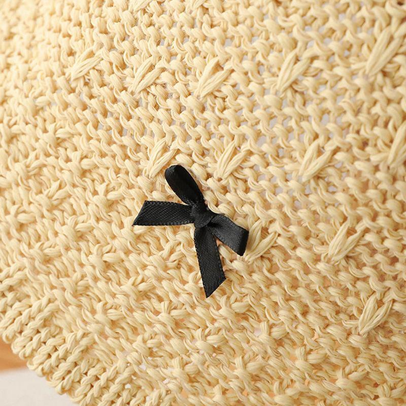 Stylish Foldable Uv Protection Straw Bucket Hat With Mini Bow Handmade Beach Sun Hat For Women Vacation Outdoor Activities