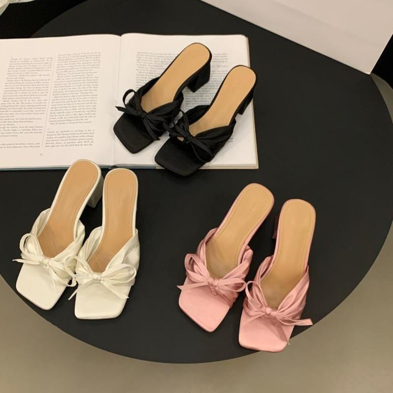 French evening breeze slippers fairy shoes 2025 new summer temperament pink bow sandals high heels sandals