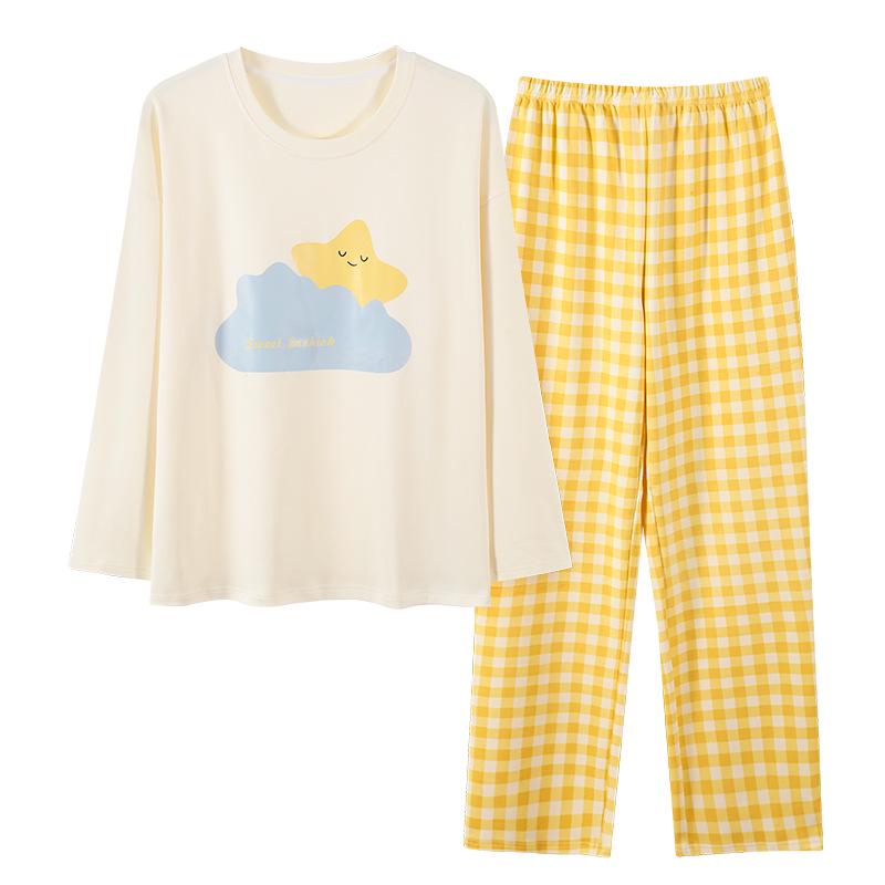Damen Cartoon Langarm Baumwollpyjama - Koreanischer Stil, Lässig, Lockere Passform für Frühling & Herbst