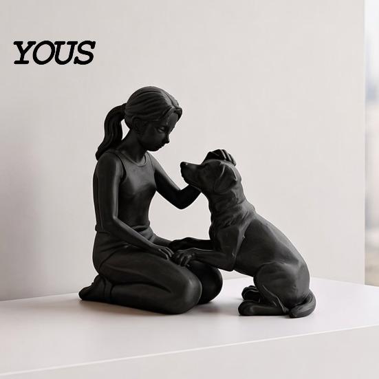 Abstract Pet And Owner Art 3D Printed Girl with Dog Figurine, Minimalist Squatting Sculpture for Home Modern Humanoid Figurine Decor, Healing
