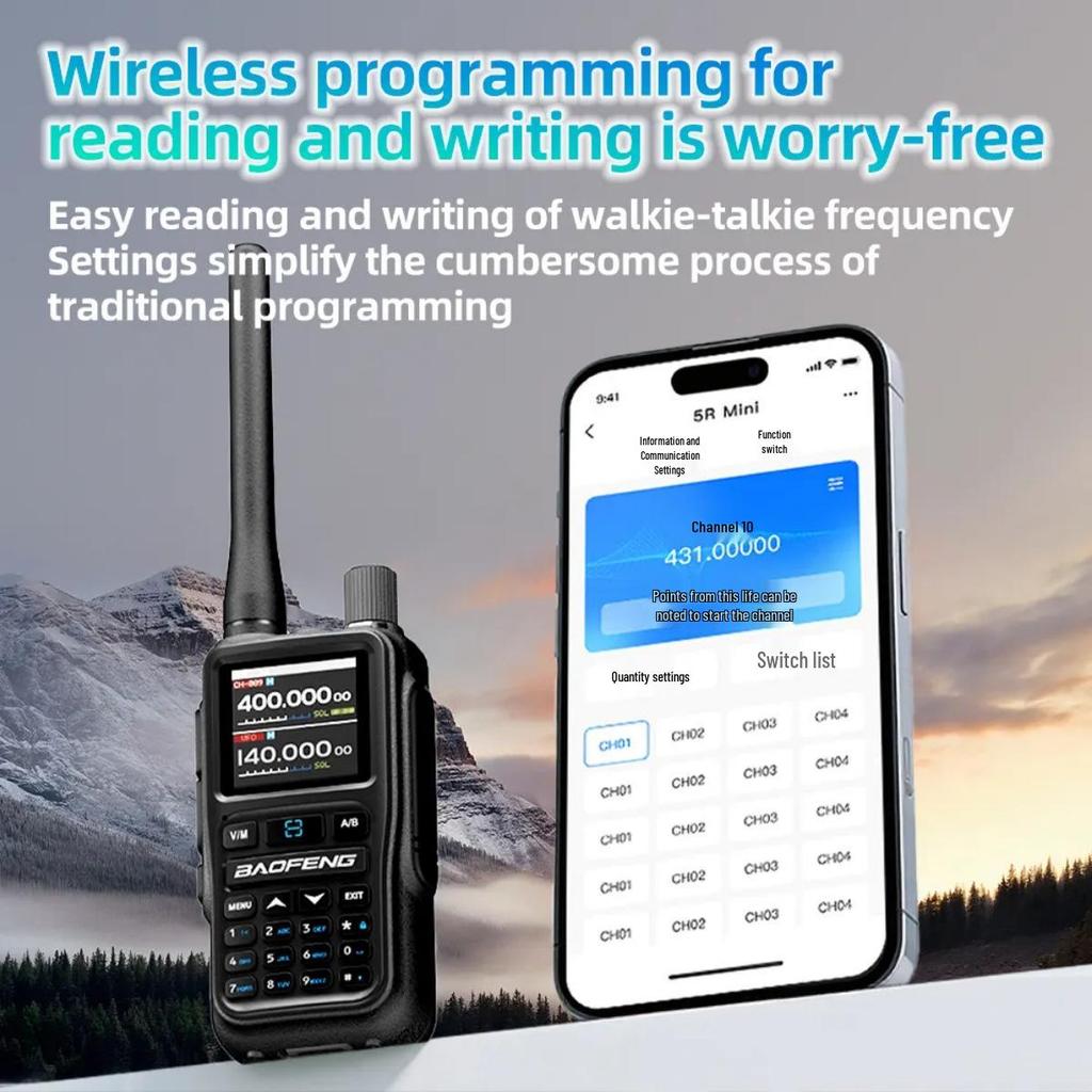 Baofeng UV-5R Mini Compact Walkie-Talkie with One-Key Frequency Pairing, Bluetooth, Type-C Charging, and Power Bank Function.