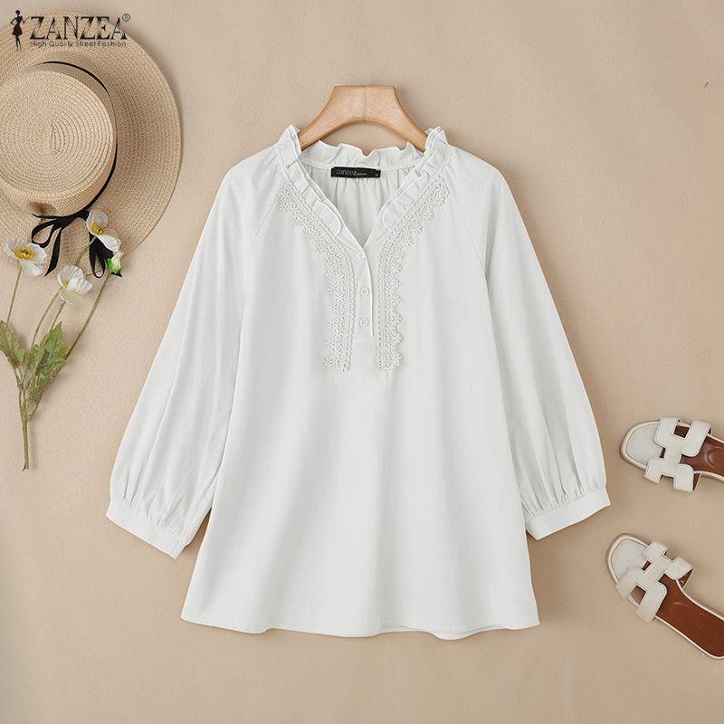 ZANZEA Women Lace Crochet Patchwork V-Neck Casual Long Sleeve Blouse