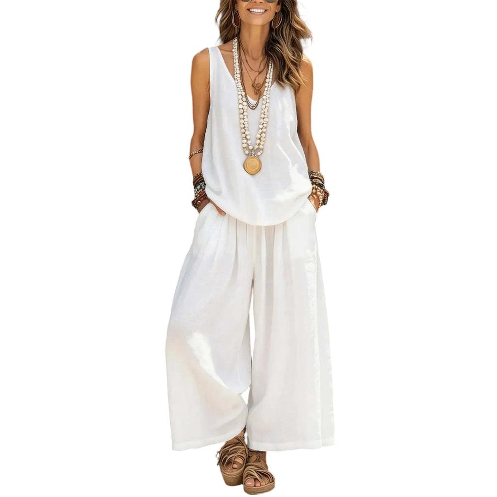 Women's Ccasual Sleeveless Vest And Wide Leg Pants Cotton Linen Set