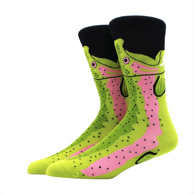 Roliga glada herrstrumpor med grafisk design, kammad bomull, omelett, groda, galen klocka, lax, majs, fågel, fisk, strumpa, julklapp